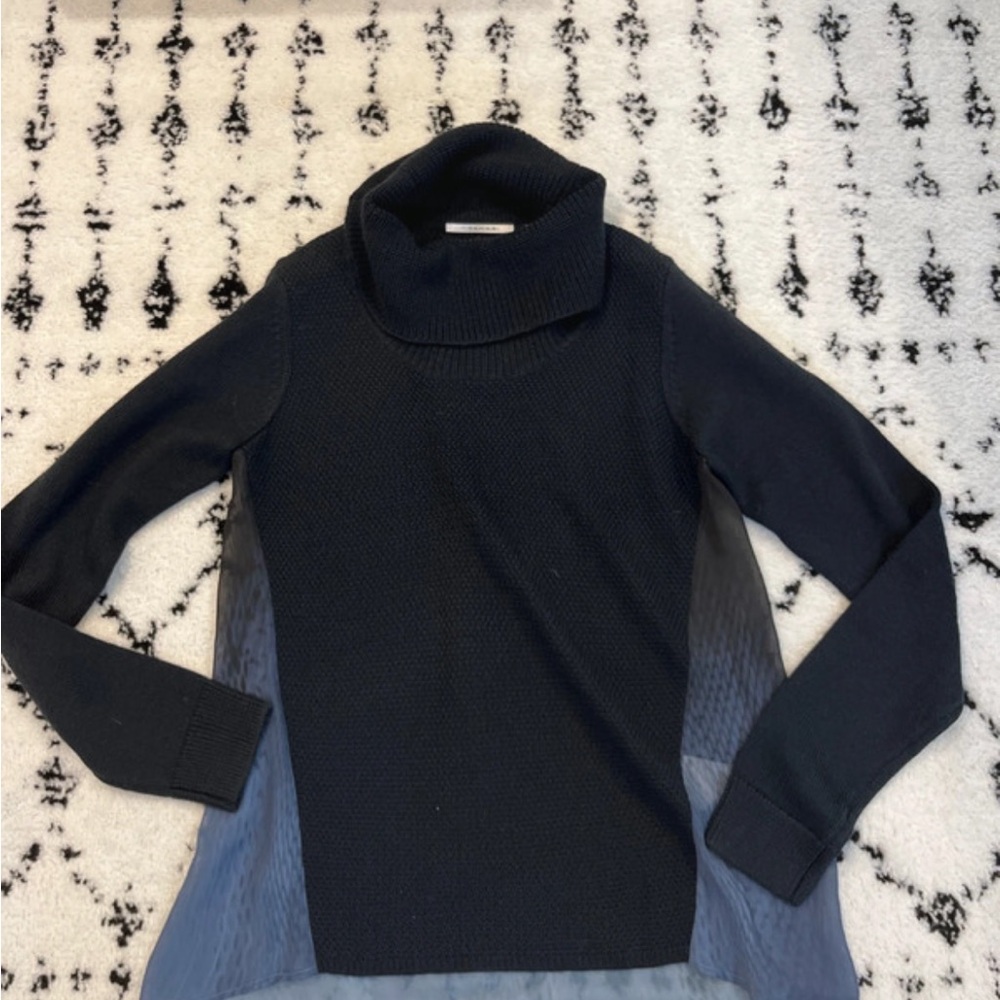 T Tahari Black and Blue Cowl Neck Sweater with Sheer Panels